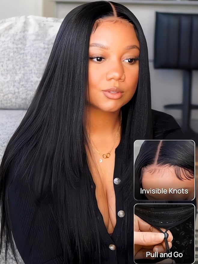 Julia Hair No Slip Yaki Straight 7x5 Lace Closure Glueless Drawstring Wig Flexible Mesh Cap Bye-Bye Slip Pre Cut HD Lace Front Pre Everything Bleached Knots Wear and Go Wig,Zero Slip Hold 18 Inch