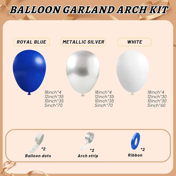 412Pcs Blue White Silver Balloon Arch Kit, 18 12 10 5 Inch Different Size Royal - Image 2