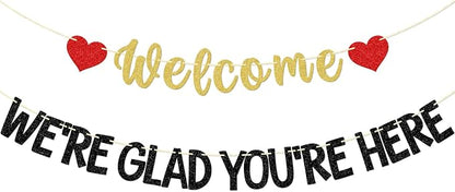 Welcome We're Glad You're Here Banner, Pre-strung | Glitter Church Welcome Sign by Firefairy