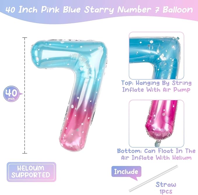 40 Inch Blue Pink Number 17 Balloon, Giant Ombre Foil 17th Birthday Decor | - Image 4