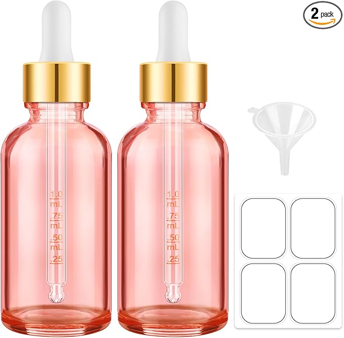 Bumobum 2 oz Glass Dropper Bottles, 2 pack Pink Lab dispensing Bottles for Essential Oils with Funnel, Labels & Pipette, Eye Tincture Bottle with Measured Dropper