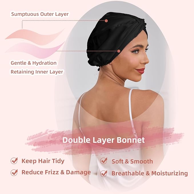 Adjustable Silk Satin Hair Bonnet for Sleeping Women, Double Layer, Silk Hair Wrap for Sleeping Women Men, Curly Natural Braid Straight Unisex - Black