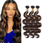 Highlight Bundles Human Hair Light Brown Body Wave Bundle Niegmeag Brazilian Virgin Remy Hair 3 Bundles 12 14 16 Inch Double Weft 2 Tone Black and Light Brown Bundle P1B30 Color