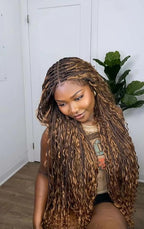 Human Hair Boho Curls Hand-Tied HD Full Lace Wig - 36" Salon-Level Small Box Synthetic Braids (121 Braids, High Density) Pre-Cut Swiss HD Lace, Pre-Plucked, Knotless - 1B/30 Ombre Brown