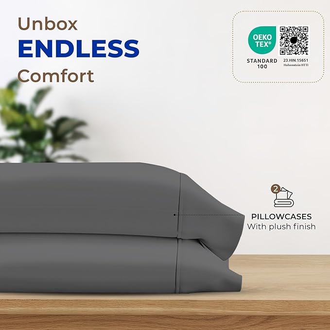 THREAD SPREAD 100% Egyptian Cotton Pillow Cases King - 1000 Thread Count Pillow Cases King Size Set of 2, Cooling & Breathable Extra Long Staple Sateen Weave Cotton Pillow Covers for Bed - Dark Grey