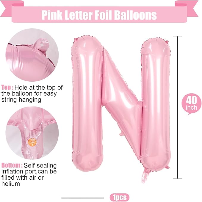 Pink Letter N Balloons, 40 Inch N Letter Balloon Light Pink, A to Z Alphabet - Image 2