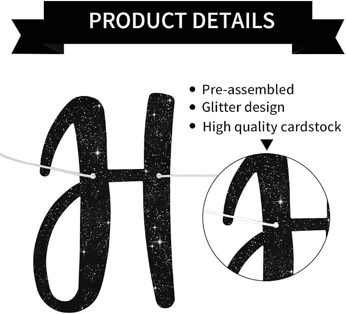 BEISHIDA Pre-Strung Glitter Black Happy Anniversary Banner Wedding Decor | - Image 3
