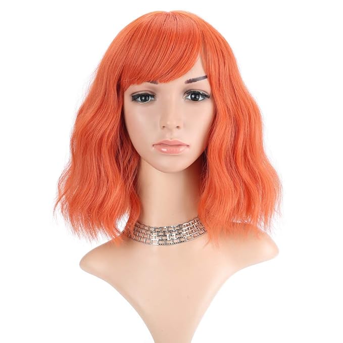 FAELBATY Short orange Wigs With Air Bangs Colorful wig Shoulder Length Women's Short Wig Curly Wavy Synthetic Cosplay Wig Orange Bob Wig for Girl Costume Wigs Orange Color 12"
