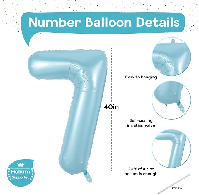 40 Inch 7th Birthday Number Balloon, Baby Blue Foil Giant Self Inflating 7 - Image 2