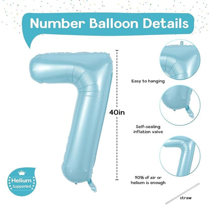 40 Inch 7th Birthday Number Balloon, Baby Blue Foil Giant Self Inflating 7 - Image 2
