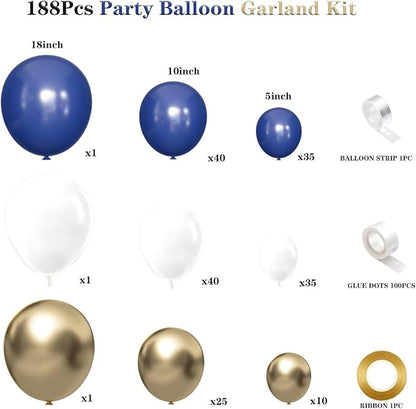 188pcs Royal Blue White Gold Balloon Garland Arch Kit - Image 2