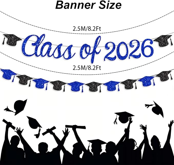 Class of 2026 Banner Graduation Decorations Class of 2026 Blue Glitter Congrats - Image 2