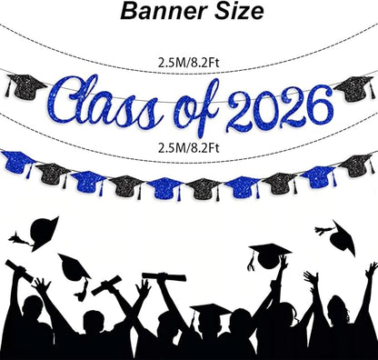 Class of 2026 Banner Graduation Decorations Class of 2026 Blue Glitter Congrats - Image 2