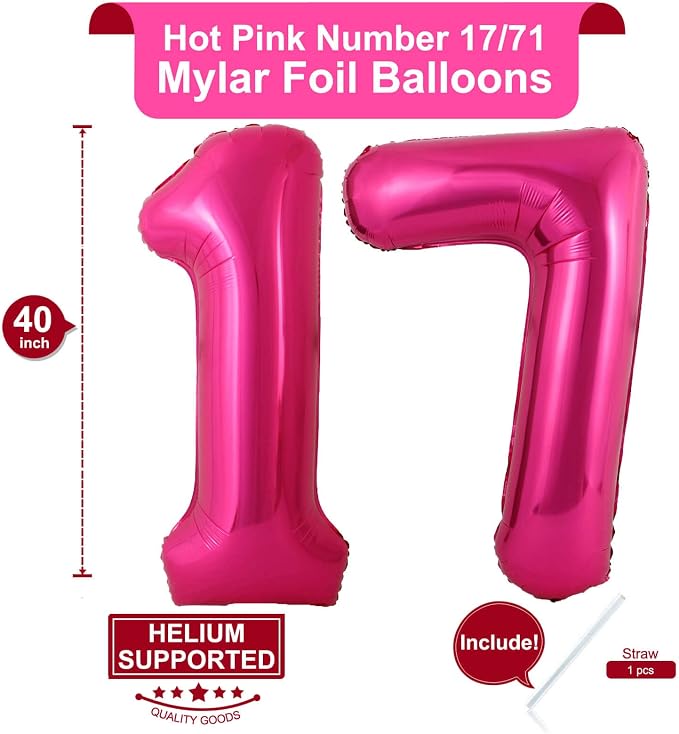 40 Inch Hot Pink 17 Number Balloons Giant 17 Balloons Hot Pink Birthday 17 - Image 2
