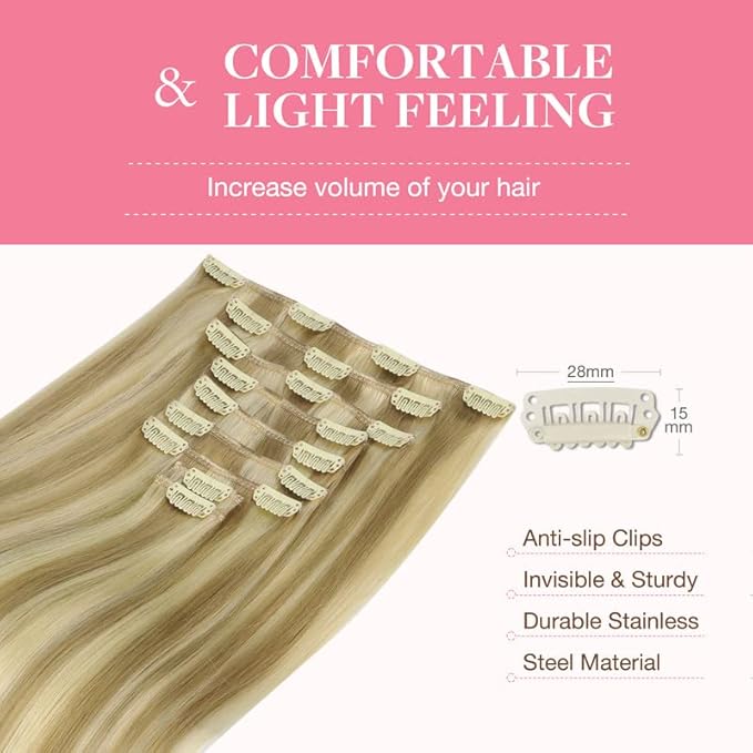 GOO GOO Clip in Hair Extensions Real Human Hair, Remy Human Hair Extensions Clip ins for Women, Natural Human Hair, 16inch 150g 9Pcs, 16/22 Light Blonde Highlighted Golden Blonde