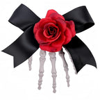 SEVEN LUCKY LIGHT Halloween Hair Clips Skeleton Hands with Red Flower Black Satin Ribbon Great Halloween Hair Accessories