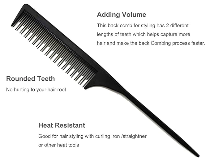 Professional Teasing Comb, Tail Comb for Root Teasing for Thin, Add Volume Fine and Normal Hair Types, Hair Comb For Women And Men, 8.75 Inches Black 5