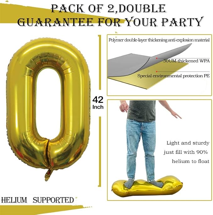 2 Pcs 42 Inch Gold Foil Balloons Number 0 - Image 3