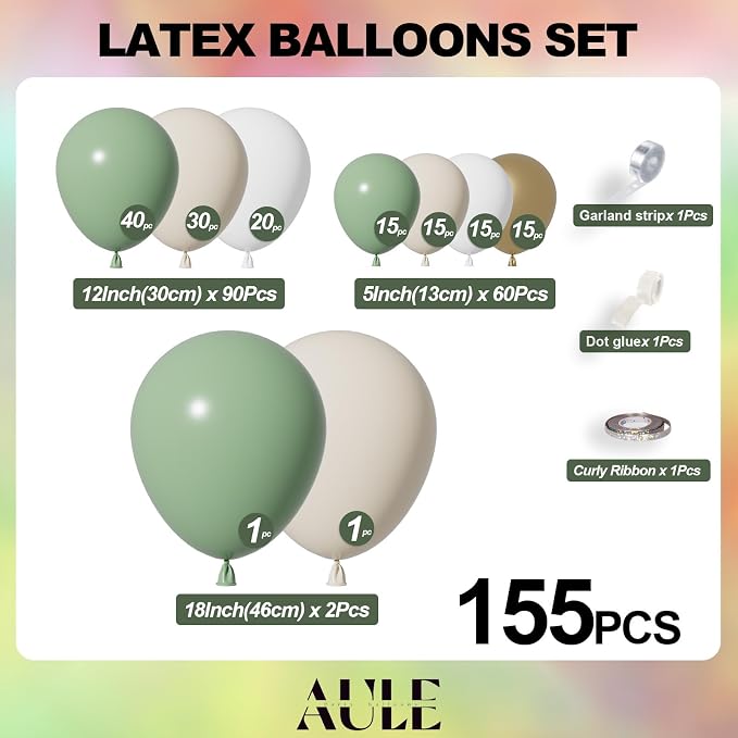 AULE 155Pcs Sage Green Balloon Arch Kit Olive Sand White Balloons | Dusty Green - Image 2
