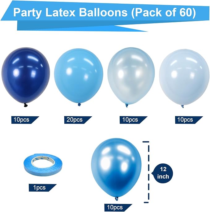 Bezente Blue Latex Balloons Set 60pcs 12 inch | Metallic Blue Pearl Blue Navy - Image 2