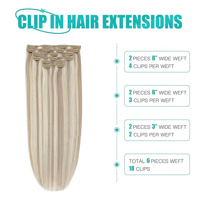 SURNEL Clip in Hair Extensions 16 inch Ash Blonde Highlights Bleach Blonde Clip in Hair Extensions 100g 6pcs(#18/613,16")