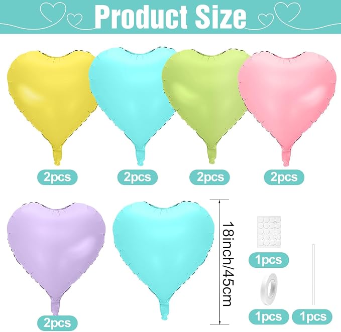 Pastel Colorful Heart Balloons, 18Inch Pink Blue Yellow Green Purple Helium - Image 2