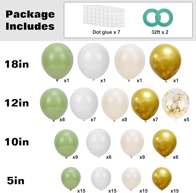 RUBFAC Sage Green White Gold Balloon Arch Kit Different Sizes 129pcs | Pack of - Image 2