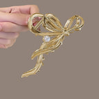 Metal Bow Hair Clips Bow Hair Claw Clips with Pearl Large Bowknot Claw Clip Strong Hold Nonslip Hair Jaw Clip for Thin Thick Hair Stylish Hair Accessories for Women Gold