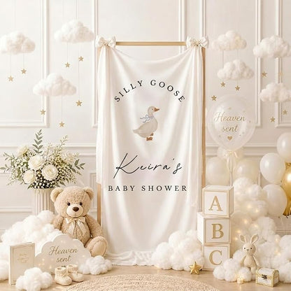 Personalized Silly Goose Baby Shower Fabric Sign Hello Baby Linen Backdrop | - Image 3