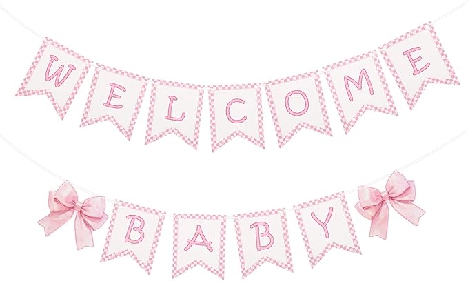 2pcs Welcome Baby Banner, Pre-Strung Pink Bow Welcome Baby Sign Hanging Banner by BOXOB