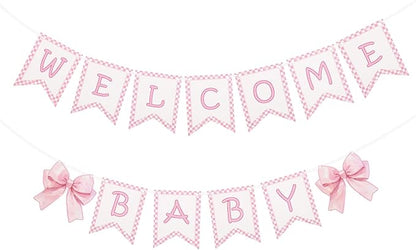 2pcs Welcome Baby Banner, Pre-Strung Pink Bow Welcome Baby Sign Hanging Banner by BOXOB