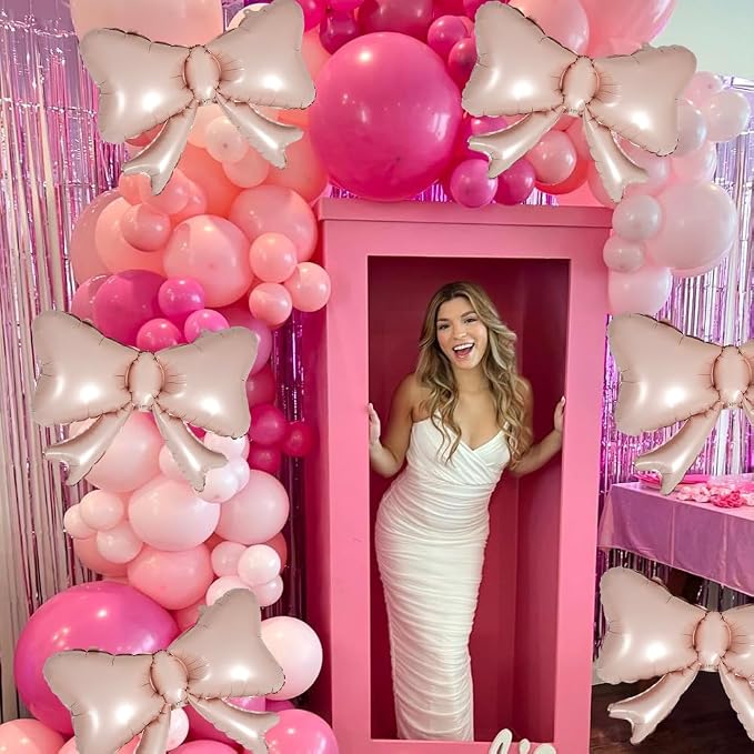 6 Pieces Pink Bow Balloons, Macaron Pink Matte Metallic Bow Foil Balloons - Image 3