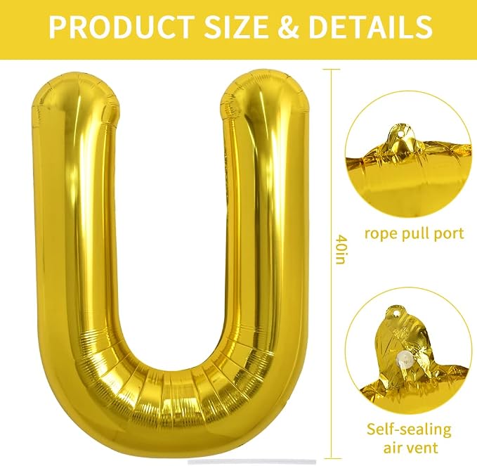TONIFUL 40 Inch Large Gold Letter U Foil Balloons Alphabet Balloons | Giant - Image 2