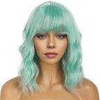 Short Bob Wigs with Bangs for Women Loose Wavy Wig Curly Wavy Shoulder Length Bob Synthetic Cosplay Wig for Girl Colorful Costume Wigs (Mint Green)