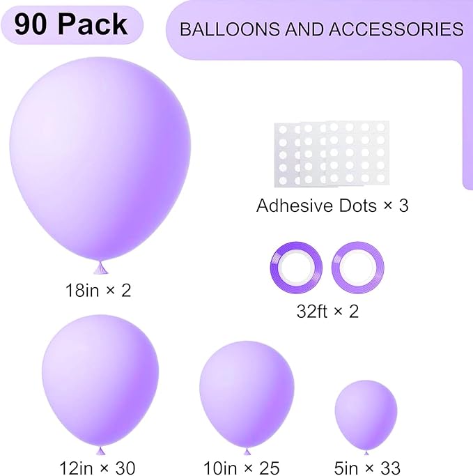 Voircoloria 90pcs Pastel Purple Balloons Garland Arch Kit, 18 12 10 5 Inch | - Image 2