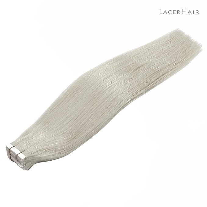Lacer Tape in Hair Extensions - Silky Straight Silver Grey Adhesive 100% Remy Human Brazilian Hair - 20 Pcs, 50 Grams, 22 Inch