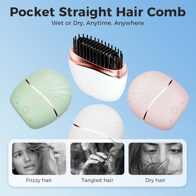 Mini Straightener,Portable Fast Heating Hair Straightener Comb with Mirror,Wireless 2-in-1 Hairs Dressing Combs for Home Travel Gifts,Straight Hair Comb with 3 Adjustable Temperatures (Green)
