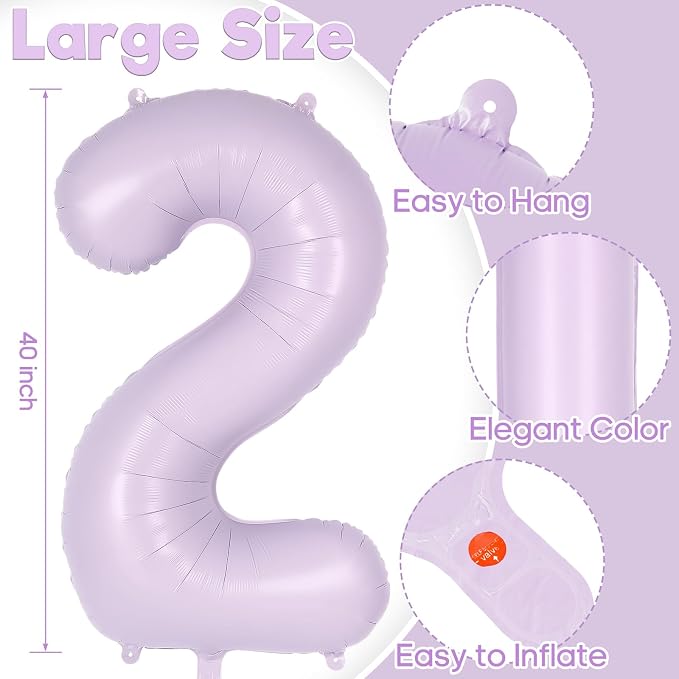 Light Purple Number 2 Balloon, 40 Inch Big Large Foil Helium Number Balloons - Image 3