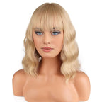BERON 14 Inches Blonde Wig Short Curly Wigs for Women Ash Blonde Synthetic Wigs with Bangs Wig Cap Include
