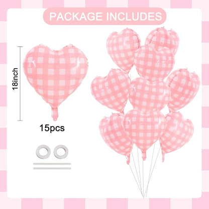 TONIFUL 30 Pcs Pink Gingham Heart Balloons 18 Inch Heart Shape Foil Balloon | - Image 2