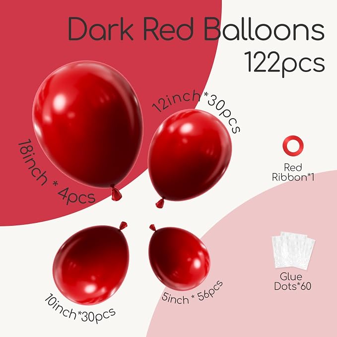 Awenztech 122pcs Dark Red Balloons Different Sizes, 18 12 10 5 inch Dark Red - Image 2