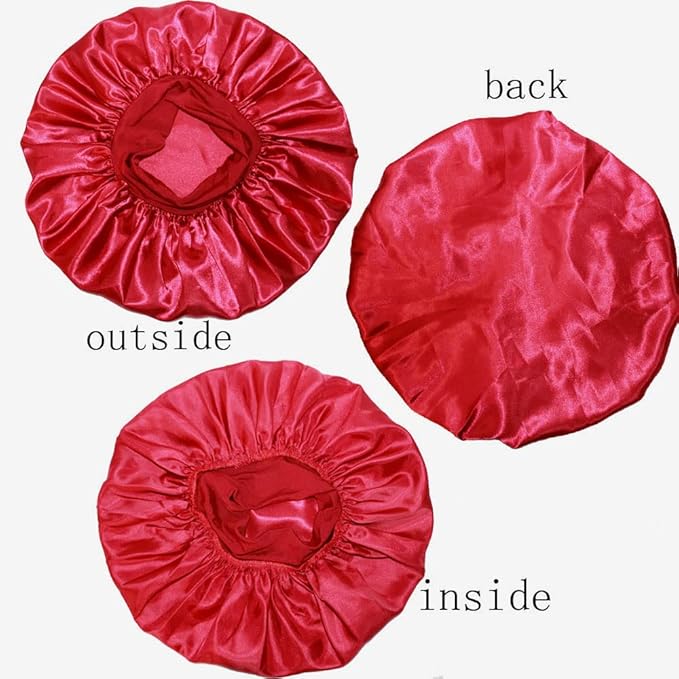 VEYRNEIC Hair Satin Bonnet for Sleeping Shower Caps Silk Chemo Caps with Wide Elastic Band Night Sleep Cap Bonnets for Black Women Braids with Satin Storage Bag (Wine Red)