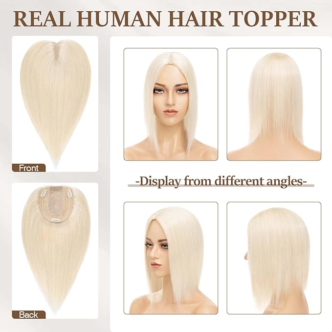 Rich Choices Hair Toppers for Women Real Human Hair 100% Human Remy Toppers NO Bangs for Women with Thinning on Top Clip in Hairpiece 4"x4.7"Lace Base 14 Inch #60 Platinum Blonde