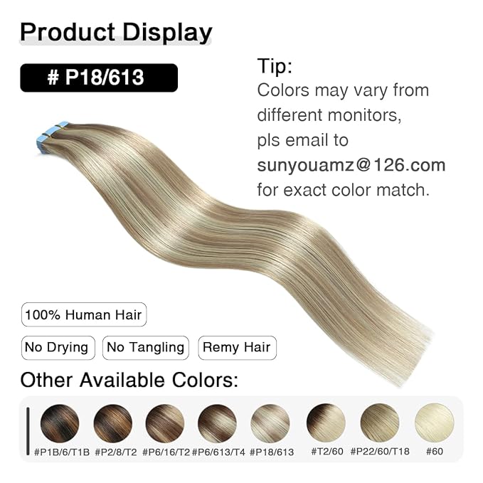 SUYYA Tape in Hair Extensions Human Hair Ash Blonde Highlighted Bleach Blonde 18 Inch 50g/pack 20pcs Straight Seamless Skin Weft Tape in Real Human Hair Extensions(18inch #P18/613)