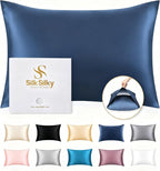 SilkSilky 100% Mulberry Silk Pillowcase - Pure 22 Momme High-Grade 6A Fibers for Hair & Skin, Envelope Closure, Natural, Organic, Breathable & Cooling Pillow Case (Queen, Dark Blue)