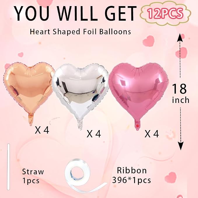 Rose Gold & Silver Heart Balloons，18 Inch Light Pink Foil Love Heart Shaped - Image 6