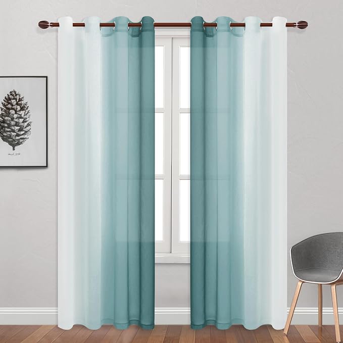 DWCN Blue Faux Linen Ombre Sheer Curtains - Image 2