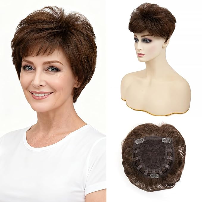 Short Hair Topper for Thinning Hair 4 Inch Short Pixie Cut Hair Toppers Pieces Natural Curly Texture Synthetic Black Wiglets Hairpieces (Chocolate Copper Brown, 4 inch)