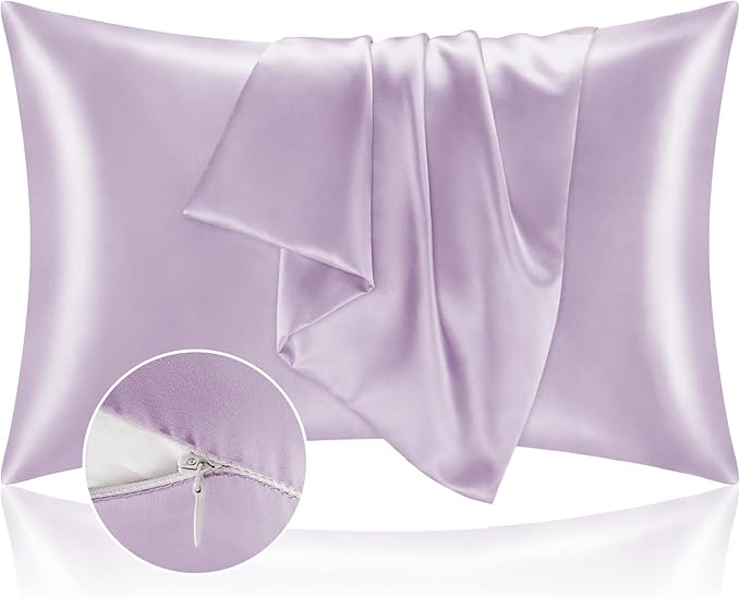 BEDELITE Satin Pillowcase with Zipper 2 Pack, Lavender Pillow Cases Standard Size, Super Soft and Cooling Similar to Silk Pillow Cases, Gift for Women Men(20x26 Inches)
