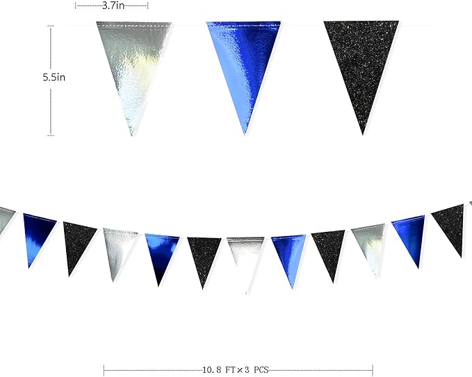 30Ft Navy Blue Black and Silver Party Decorations Royal Blue Triangle Flag - Image 2